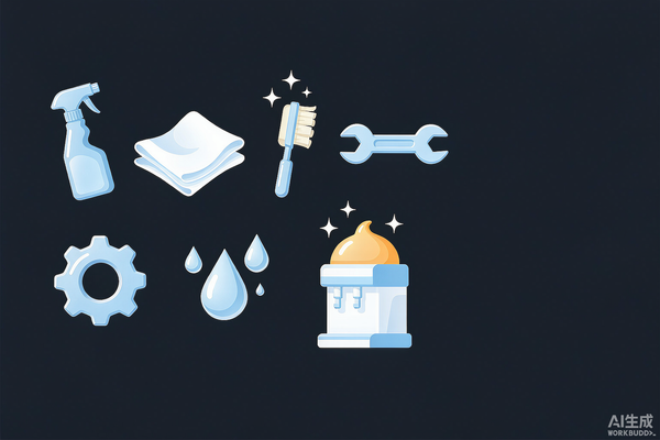 Cleaning and maintenance supplies for commercial ice cream machines: spray bottle, brush, wrench and sparkling equipment