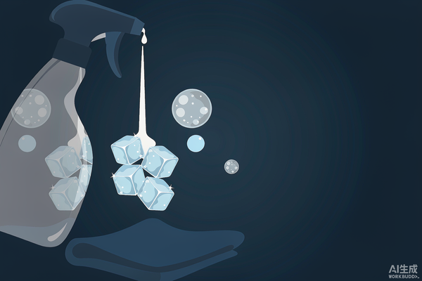 Commercial ice machine cleaning supplies: spray bottle, cloth and sparkling ice cubes