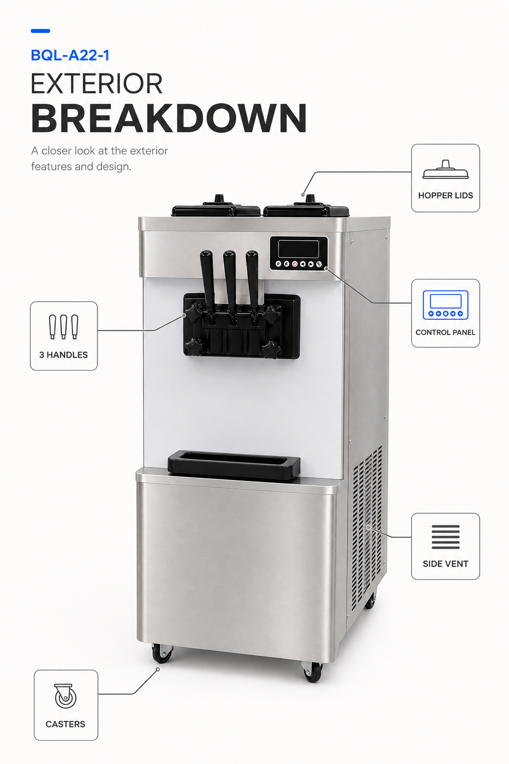 Axospro BQL-A22-1 Floor-Standing Soft Serve Machine - 18-25 L/h, 3 Heads, 2x7L Hoppers detail image 6