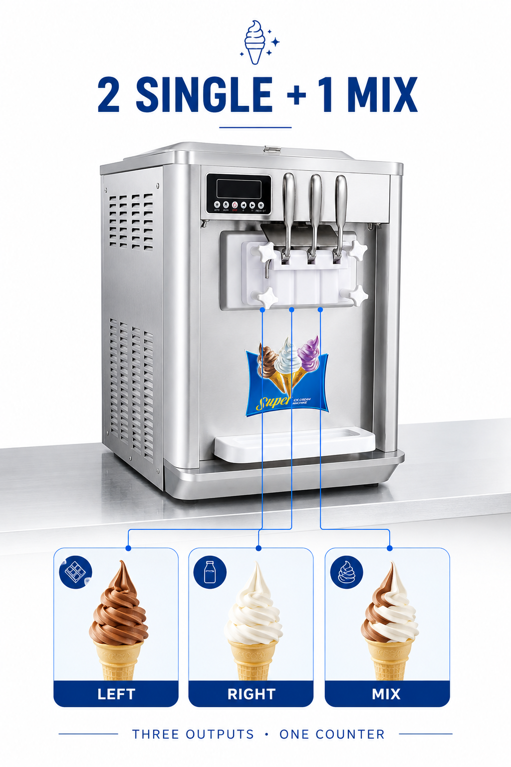 Axospro BQL-808-1 Countertop Soft Serve Machine - 18-25 L/h, 3 Flavors, 2x7L Hoppers detail image 2